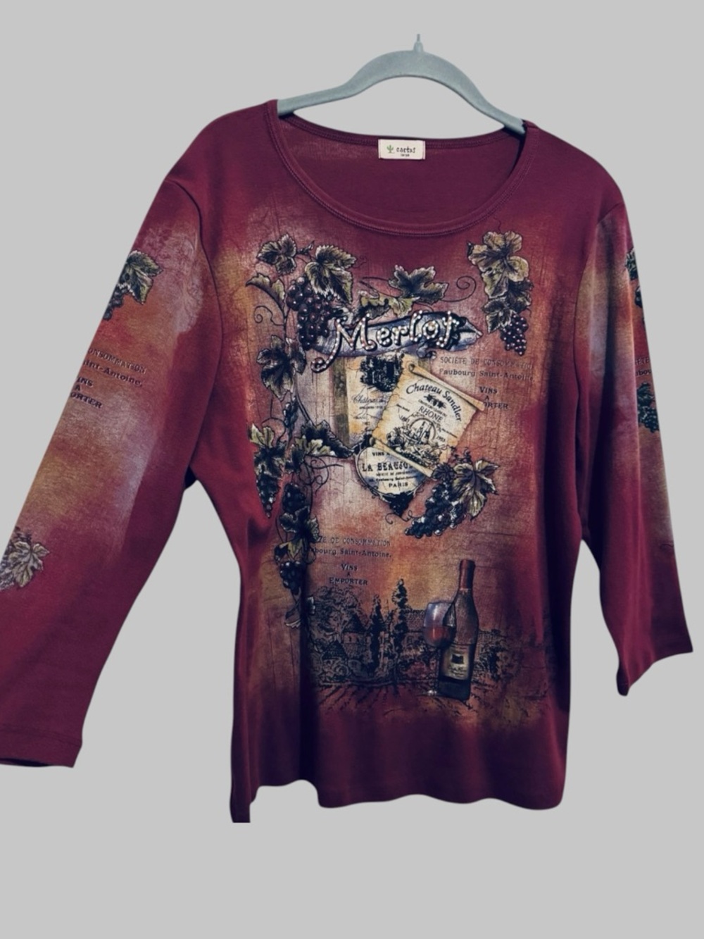 Cactus Y2K Merlot Wine Art to Wear Rhinestones All Over Print Top Shirt Size L